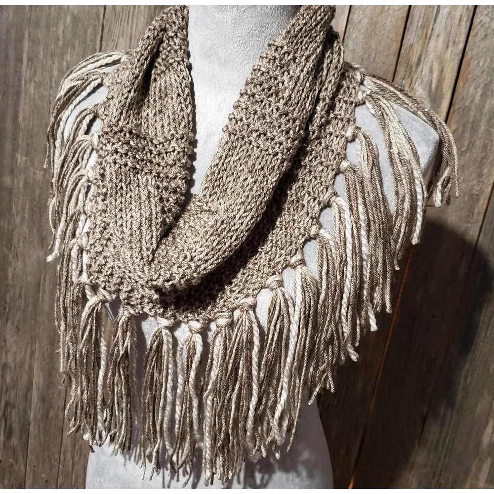 NEW Hand Knitted Taupe Boho Cowl Scarf Fringe Cottage Earthy Artsy Cottage Indie